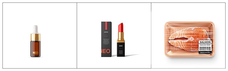 Produits adaptés pour la machine d'étiquetage automatique Print and Apply de Neostarpack : sérum, rouge à lèvres et saumon.