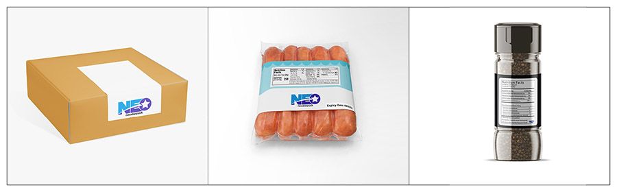 Étiquettes adaptées pour la machine d'étiquetage automatique haute précision de Neostarpack : étiquette de sécurité, emballage de saucisse et condiments.