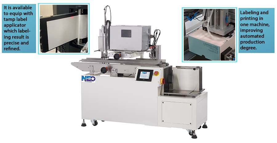 Mesin pelabelan cetak dan tempel otomatis Neostarpack tersedia untuk dilengkapi dengan aplikator label tamp yang hasil pelabelannya tepat dan halus. Pelabelan dan pencetakan dalam satu mesin, meningkatkan tingkat produksi otomatis.