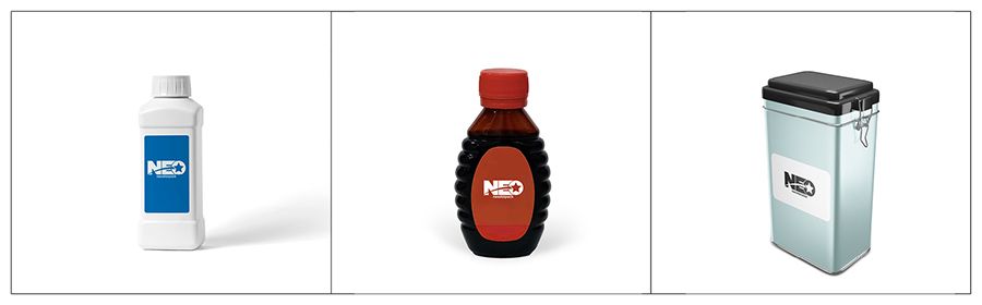 Materiais de produto adequados para o Rotulador Automático Frontal e Traseiro da Neostarpack incluem detergente, xarope para resfriado e latas de chocolate.