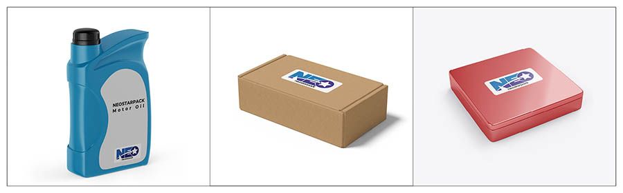 Bahan produk yang sesuai dari Labeler Atas dan Bawah Otomatis Neostarpack untuk oli motor, karton, dan kotak biskuit.