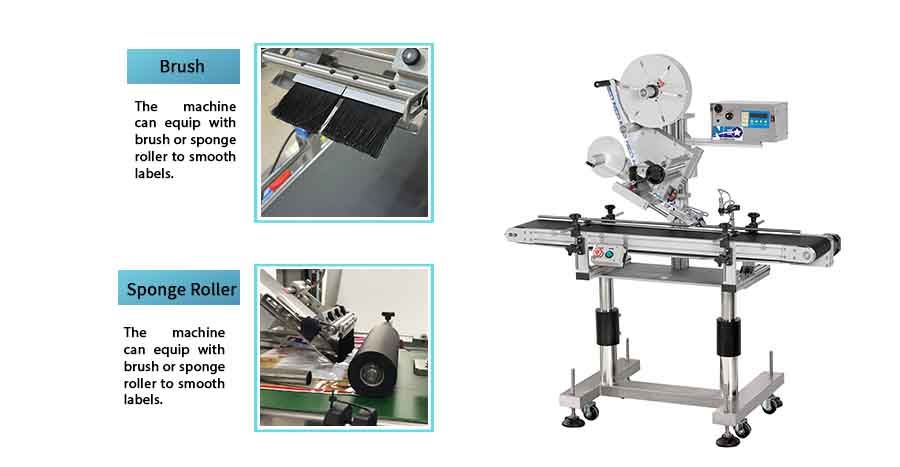 Neostarpack Automatische Zwei-Seiten-Etikettiermaschine kann mit Bürsten- oder Schwammwalze ausgestattet werden, um Etiketten zu glätten.