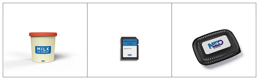 مواد المنتج المناسبة لآلة تسمية العلامات اللاصقة من Neostarpack للآيس كريم، بطاقة SD وحاويات الفواكه البلاستيكية.