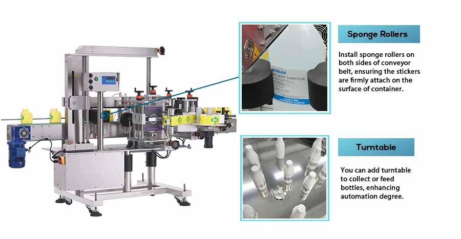Neostarpack’s Automatic Three-Sided Labeling Machine install sponge rollers on both sides of conveyor belt, ensuring the stickers are firmly attach on the surface of container.