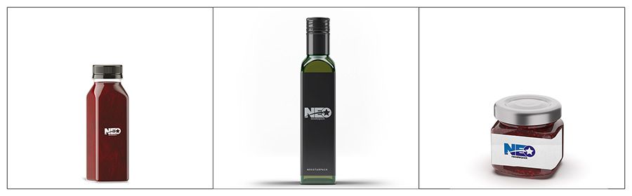 Подходящие товары для автоматической трехсторонней маркировочной машины Neostarpack - сок, оливковое масло и мед.