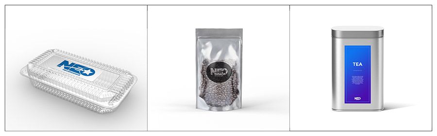 Подходящий материал для продукции автоматической маркировочной машины Neostarpack - пластиковые салатные контейнеры, кофейные зерна и жестяные банки для чая.