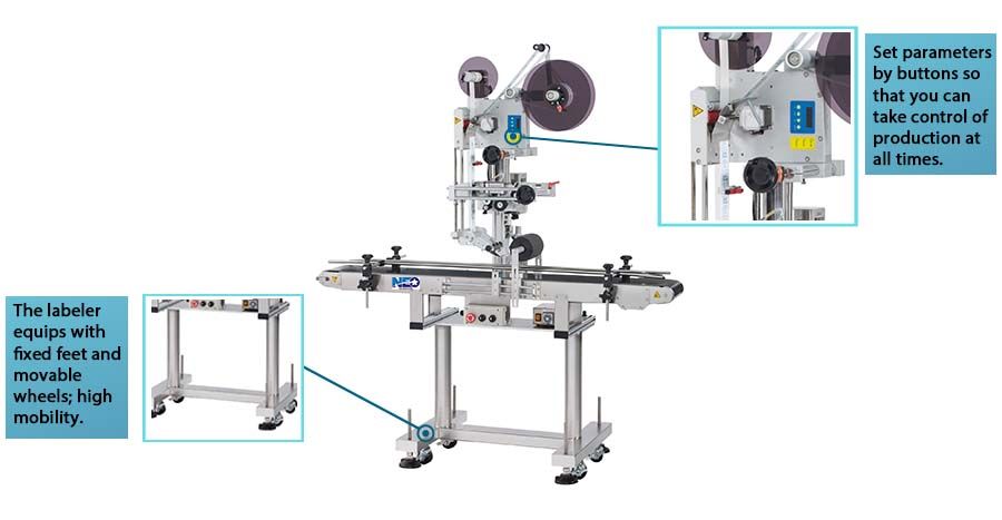 Neostarpack’s automatic top labeling machine equips with fixed feet and movable wheels; high mobility. Set parameters by buttons so that you can take control of production at all times.