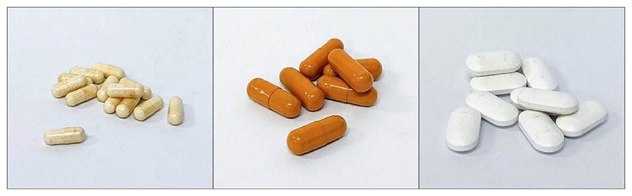 Anwendbares Produkt der automatischen 12-Kanal-Tabletten- und Kapselzählmaschine von Neostarpack: Nahrungsergänzungsmittelkapseln, Lutein- und Kalziumtabletten.