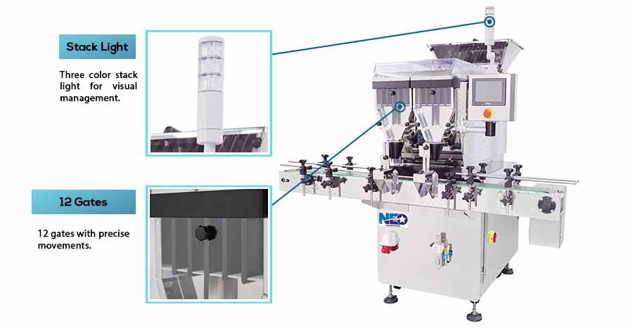 Die automatische 12-Kanal-Tabletten- und Kapselzählmaschine von Neostarpack ist mit 12 Toren mit präzisen Bewegungen ausgestattet.