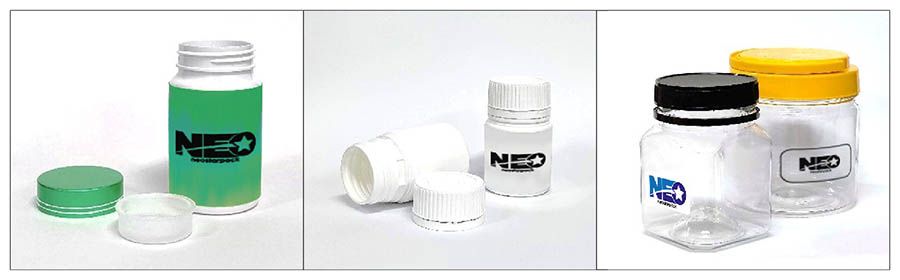 Geeigneter Behälter der automatischen 12-Kanal-Tabletten- und Kapselzählmaschine von Neostarpack: Fischölflasche, Gesundheitsnahrungsmittelbehälter und verschiedene runde Flaschen.