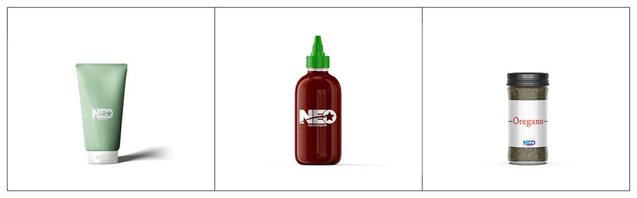 Vật liệu sản phẩm phù hợp của máy gắn nhãn tự động Neostarpack cho sữa dưỡng da, sốt cà chua và húng quế.