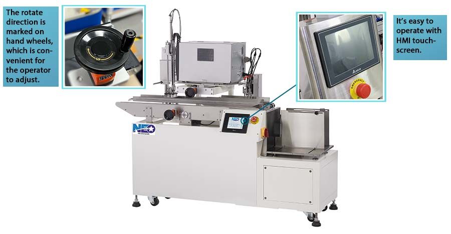 Neostarpack's Automatic Print and Apply Labeling system it’s easy to operate with HMI touchscreen. The rotate direction is marked on hand wheels, which is convenient for the operator to adjust.