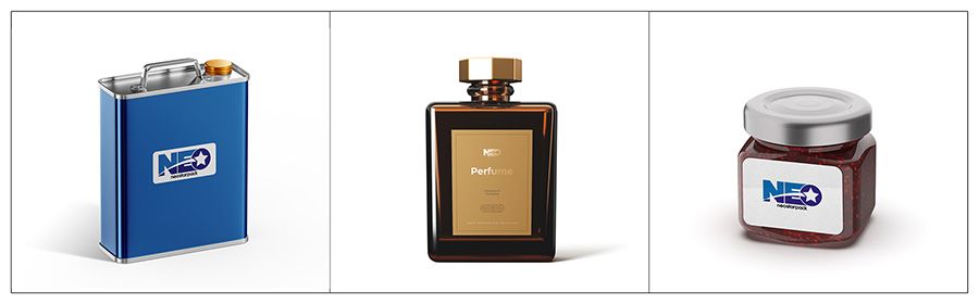 Produits adaptés à l'étiqueteuse avant et arrière automatique de Neostarpack : huile moteur, parfum et confiture.