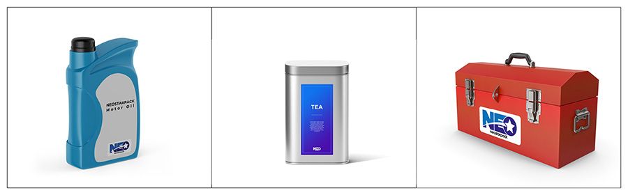 Suitable Labels of Neostarpack’s Automatic Front And Back Labeler for motorcycle oil, tea can and tool box.