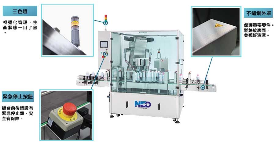 新碩達自動壓蓋機機台前後皆設有緊急停止鈕，安全有保障