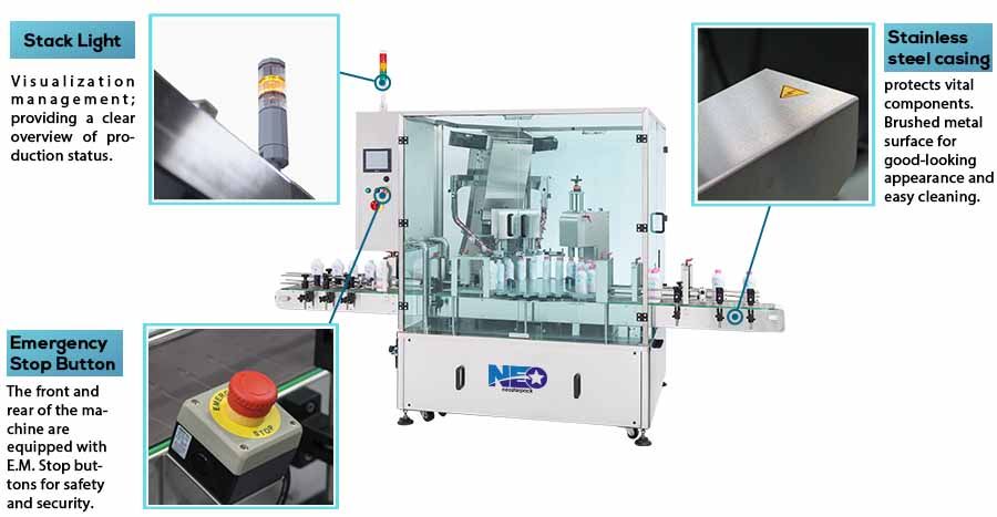 A Máquina de Tampar por Pressão Automática da Neostarpack possui botões de paragem de emergência E.M. na frente e atrás da máquina para segurança e proteção.