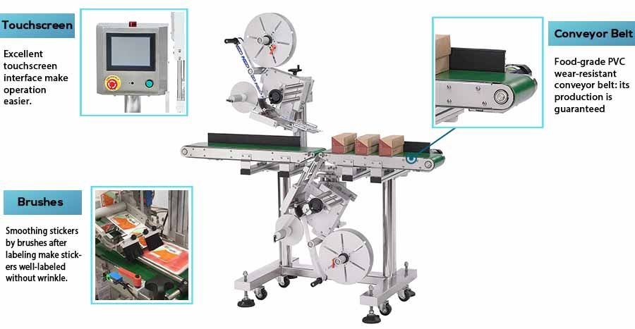 Acessórios opcionais para a Rotuladora Automática de Topo e Fundo da Neostarpack incluem sistema PLC, escovas e correia transportadora de PVC resistente ao desgaste de grau alimentício.