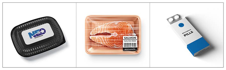 Barang yang cocok dari Labeler Atas dan Bawah Otomatis Neostarpack untuk kotak makanan bawa pulang, makanan laut, dan obat-obatan.