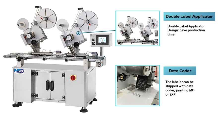 A Máquina de Rotulagem de Topo Duplo da Neostarpack equipada com um Aplicador de Rótulo Duplo pode economizar tempo de produção.