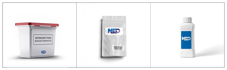 Bahan produk yang sesuai dari Mesin Pelabelan Dua Sisi Otomatis Neostarpack untuk wadah deterjen, kantong sziplock, dan pembersih toilet.