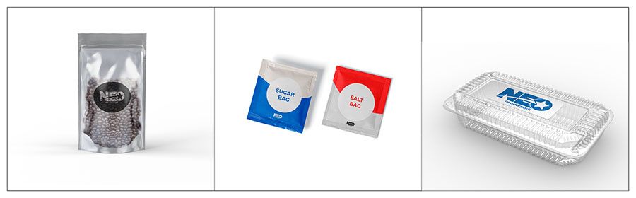 Подходящие этикетки для автоматической двусторонней наклейки Neostarpack: кофейные зерна, пакеты с сахаром и пластиковые коробки для печенья.