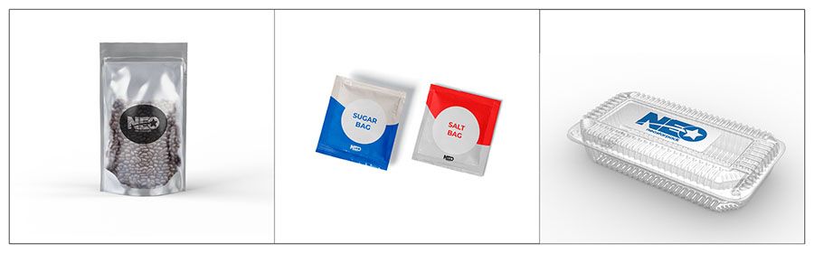 Label yang sesuai dari Mesin Pelabelan Dua Sisi Otomatis Neostarpack untuk biji kopi, kemasan gula, dan kotak plastik kue.