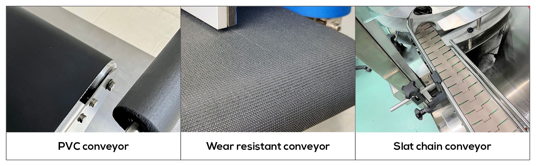 Neostarpack's Automatic Side Labeler including PVC conveyors for flat products, wear resistant conveyors for bottles, and slat chain conveyors for large-capacity and heavier products.