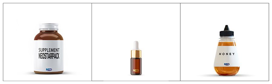 Barang yang cocok untuk Aplikator Label Neostarpack untuk suplemen, minyak esensial, dan madu.