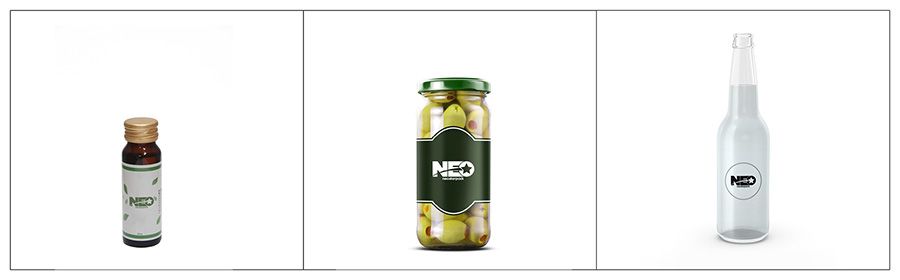 Produits adaptés de l'applicateur d'étiquettes de Neostarpack pour le sirop contre la toux, les bocaux sous vide d'olives et les bouteilles en verre.