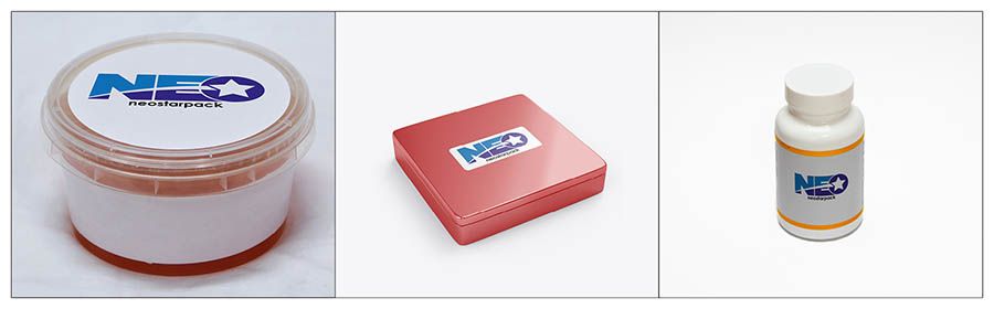 Barang yang cocok untuk Aplikator Label Neostarpack untuk panna cotta, kotak hadiah, dan vitamin B kompleks.