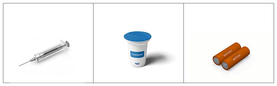 Productos adecuados para la máquina de etiquetado de tapones de Neostarpack incluyen varios tipos de jeringas, yogur y baterías.