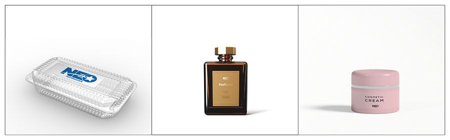 Label yang cocok untuk mesin pelabelan tamp presisi tinggi Neostarpack untuk wadah plastik, parfum, dan krim.