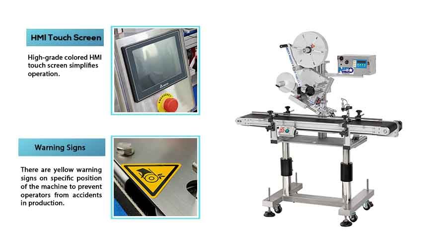 La machine d'étiquetage de tamp de Neostarpack est facile à utiliser avec un écran tactile HMI coloré de haute qualité qui simplifie l'opération. Il y a des signaux d'avertissement jaunes à des positions spécifiques de la machine pour prévenir les opérateurs des accidents en production.
