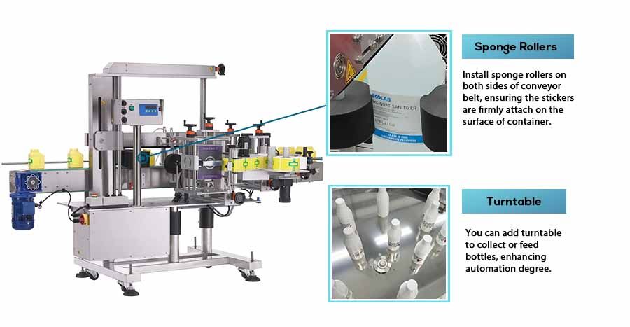 La máquina etiquetadora automática de tres lados de Neostarpack instala rodillos de esponja en ambos lados de la cinta transportadora, asegurando que las etiquetas se adhieran firmemente a la superficie del contenedor.