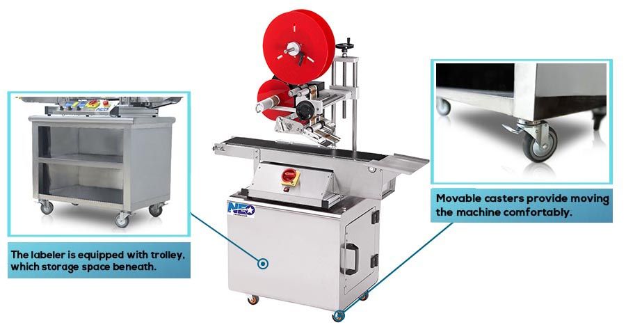 Le top labeler de Neostarpack est équipé d'un chariot avec espace de stockage en dessous. Les roulettes mobiles permettent de déplacer facilement la machine.