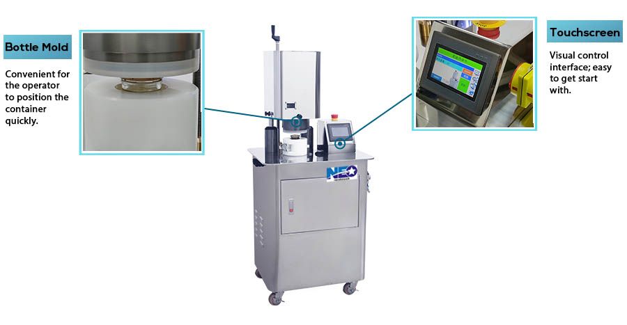 Máquina de Tampar por Sucção com Tampa de Rosca Neostarpack possui interface de controle visual; fácil de começar