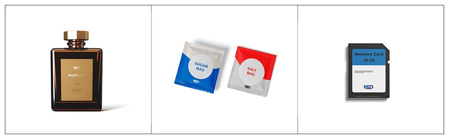 Produits adaptés à la machine d'étiquetage automatique de Neostarpack : parfums, sacs de sucre, sacs de sel et cartes mémoire.