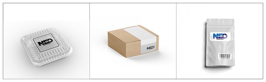 Подходящие этикетки для высокоточной маркировочной машины Neostarpack - прозрачные этикетки на пластиковых контейнерах для фруктов, угловые этикетки на картонных коробках и штрих-коды на фольгированных пакетах.