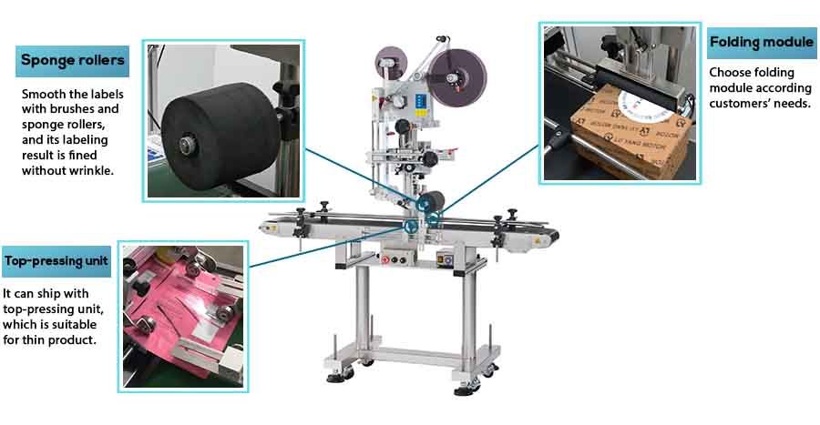 Optionen für die automatische Etikettiermaschine von Neostarpack: Oben-Druckeinheit und Faltmodul.