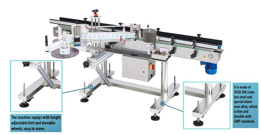 A rotuladora lateral automática da Neostarpack está equipada com pés ajustáveis em altura e rodas móveis; fácil de mover e é feita de aço inoxidável SUS# 304 e liga de alumínio especial.